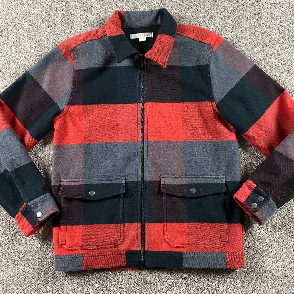 Outerknown Fleece Blanket Shirt Shacket Jacket Men's Small Plaid Red Full Zip
